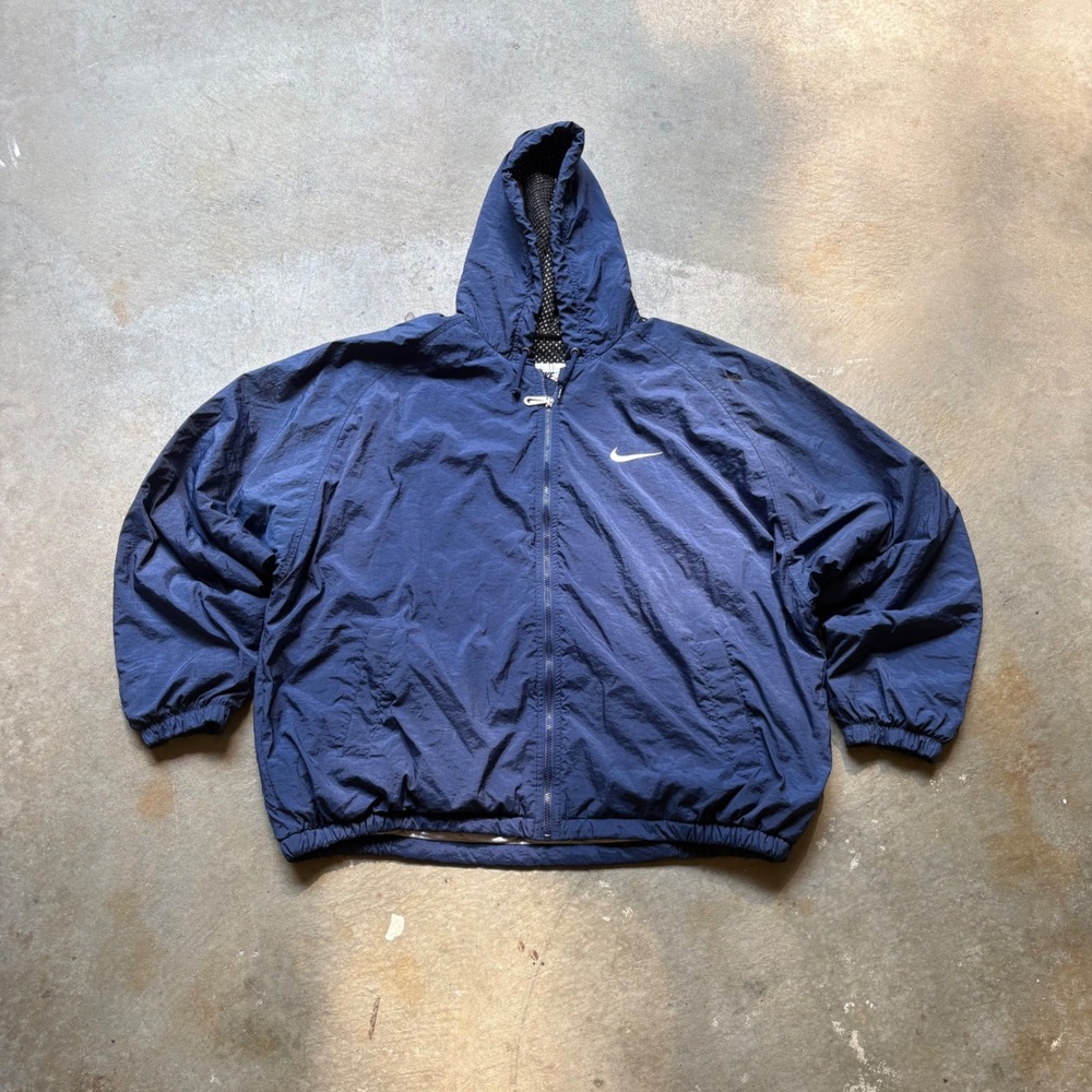 Vintage Nike Navy Blue Full Zip Mesh Hooded Windbreaker Jacket XXL Big Logo 90s